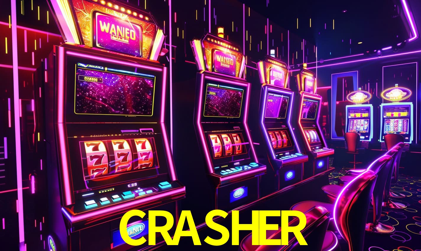Una escena digital vívida inspirada en casino con CRASHER mostrado prominentemente, luces brillantes, fichas, cartas y acentos dorados.