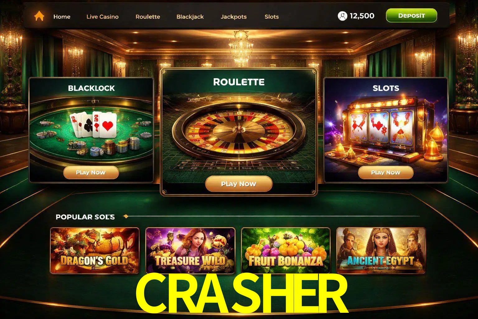 Vista de la plataforma CRASHER Casino mostrando categorías organizadas de juegos en línea