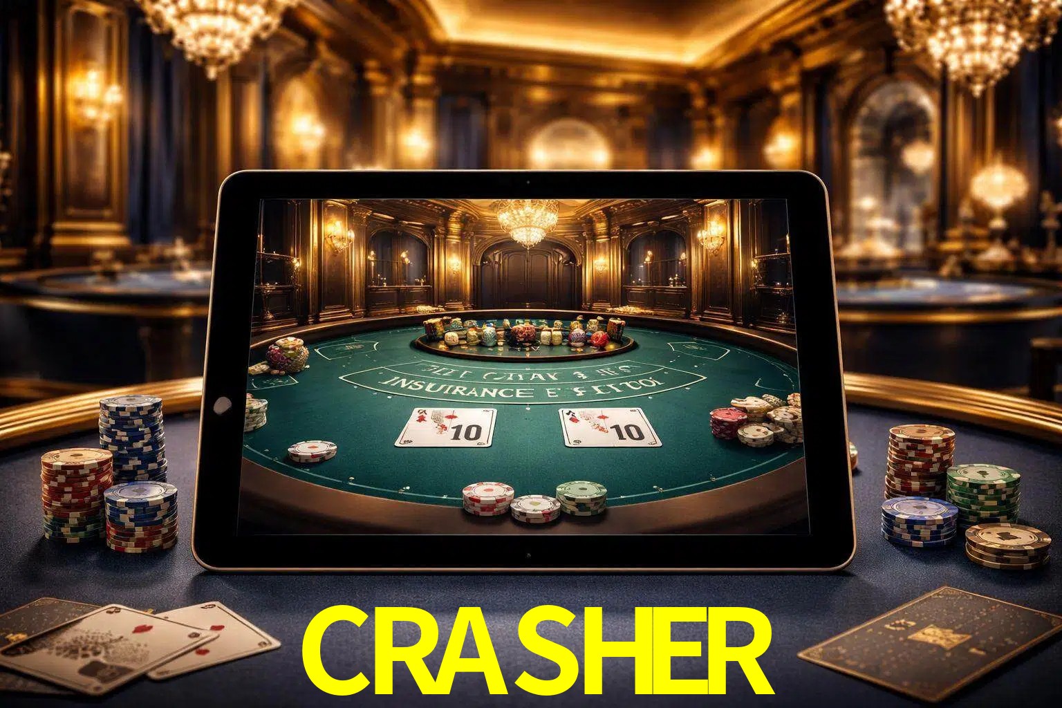 Configuración moderna de casino en vivo con una tableta mostrando una mesa de blackjack, luces cálidas de estudio y una atmósfera elegante de juegos digitales.
