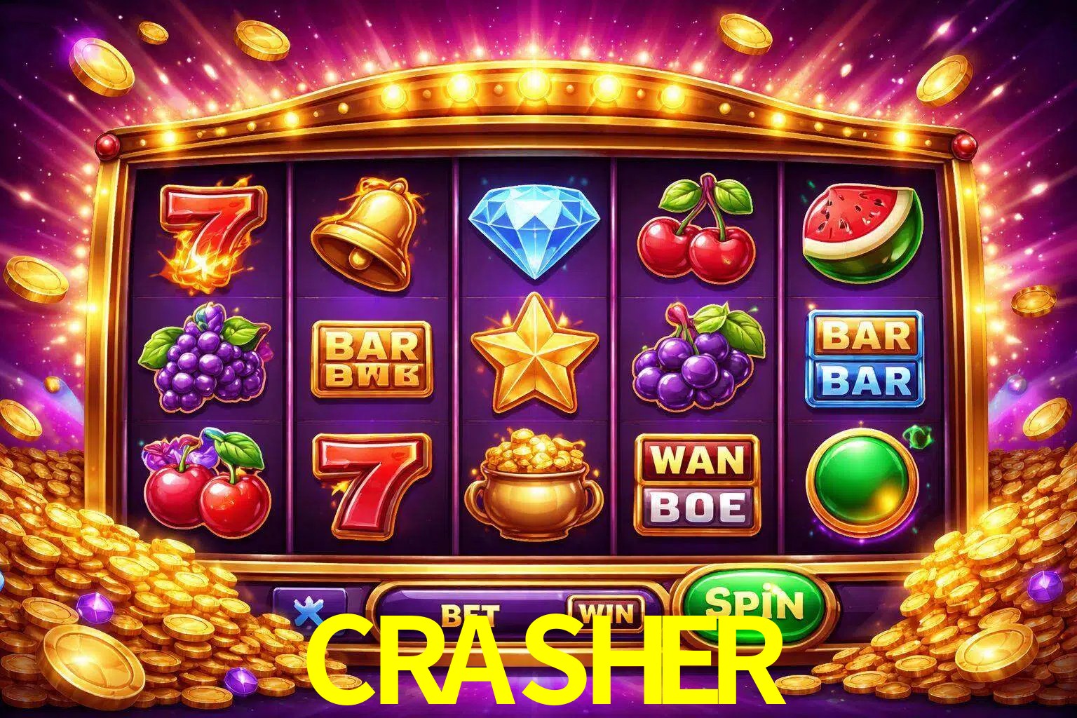 Una interfaz colorida de tragamonedas en línea con símbolos brillantes, monedas y un efecto de victoria celebratoria en CRASHER.