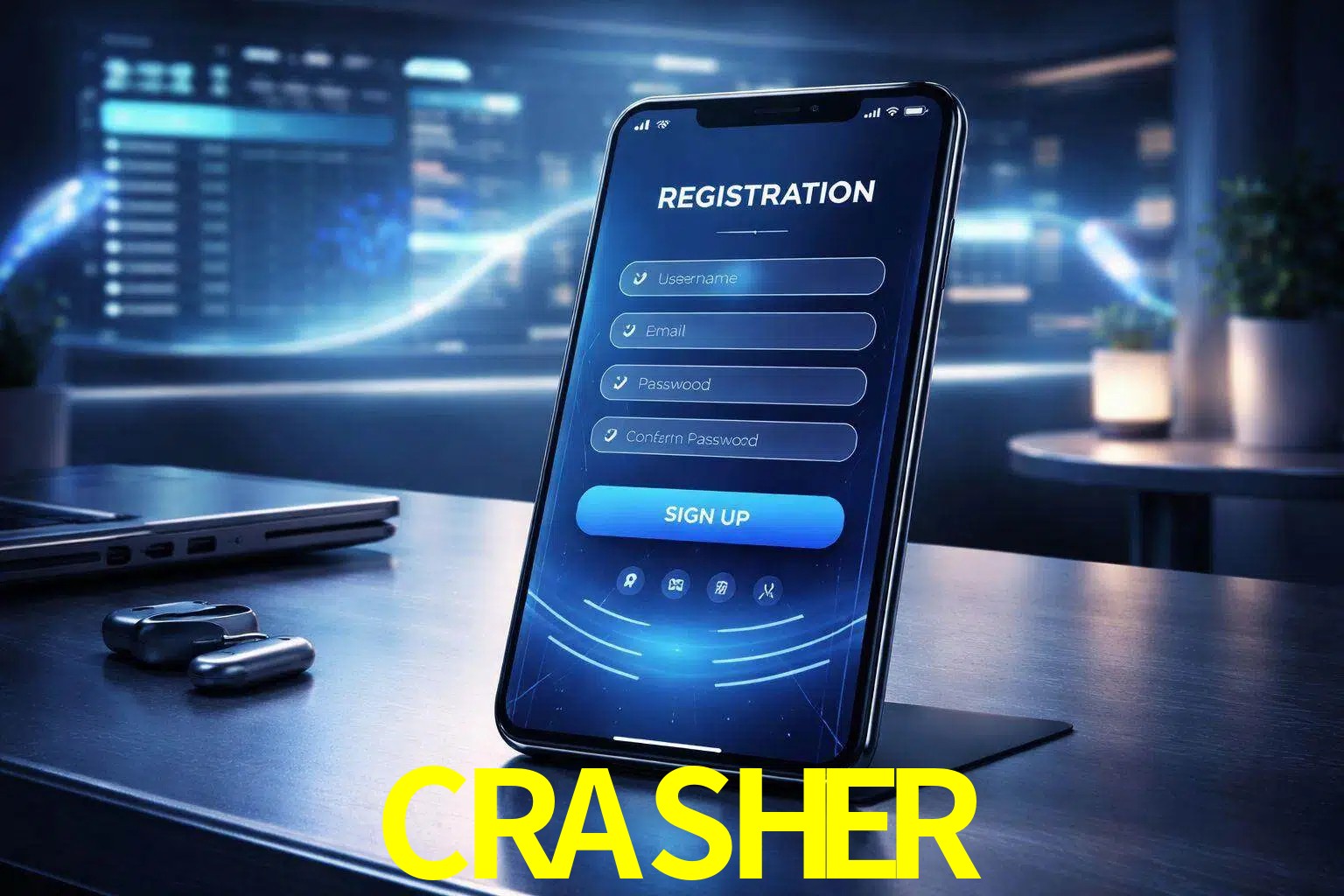 Una interfaz moderna de registro móvil para CRASHER mostrada en un smartphone con un panel de apuestas elegante.